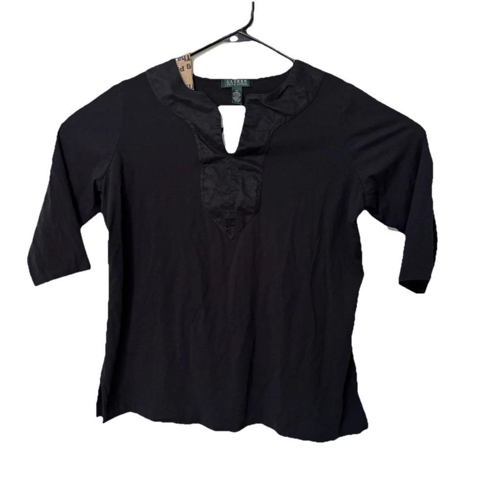 Lauren Ralph Lauren Top Womens 1X Black Shirt Knit 3/4 Sleeve Split V Neck EUC